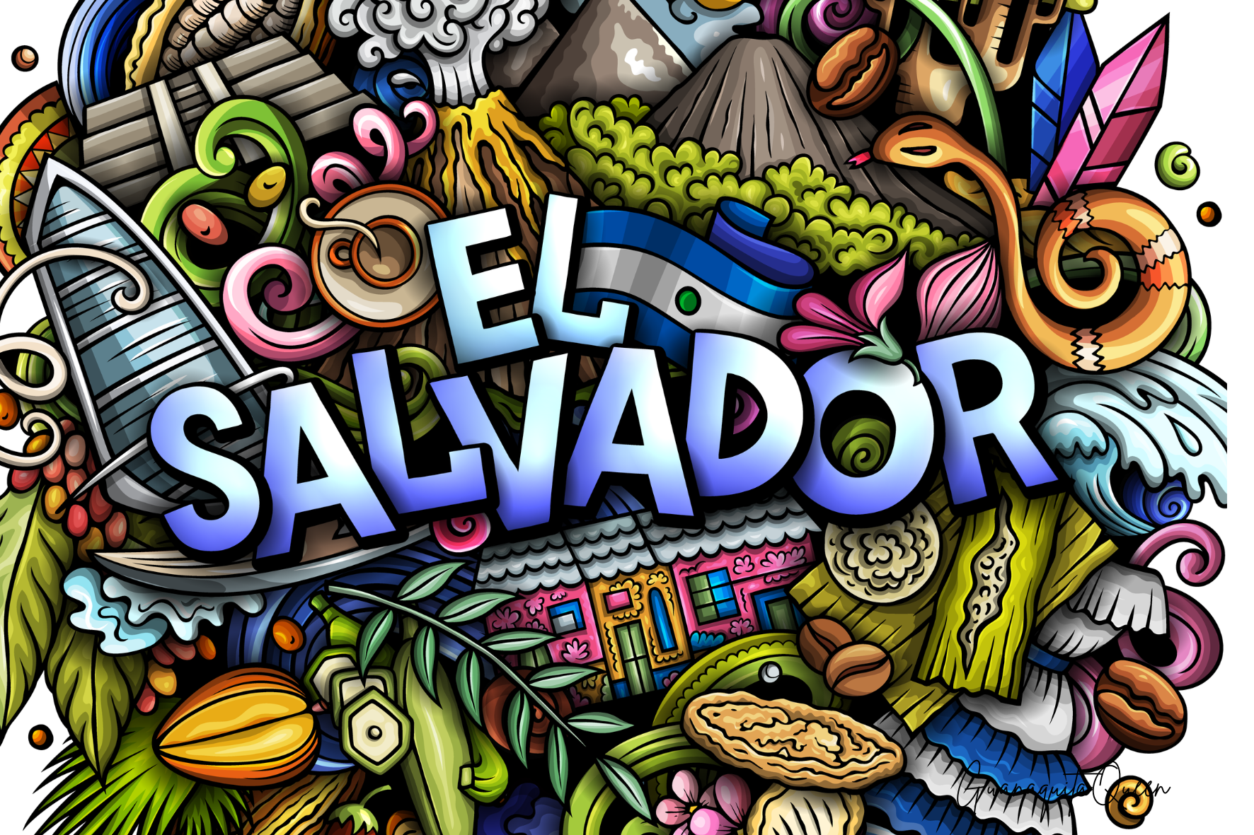 El Salvador Doodle Art Stainless Steel Water Bottle | Travel, Tropical Design